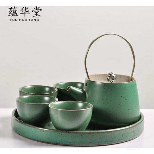 Japanese-style stoneware, one pot, four cups, one plate, travel tea set, handle pot set, dry tea tray teapot, manual kiln change