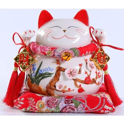 Ceramic Lucky Cat Ornament Piggy Bank Good Fortune Flower Blooming Shop Opening Decoration Gift