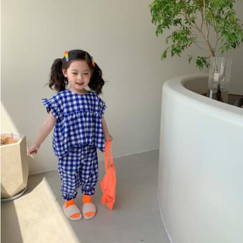 Cultiseed Girls Summer Ruffles Sleeve T-Shirts+Plaid Pant 2pc Sets Clothing Baby Children Kids Korean Loose Casual Suits