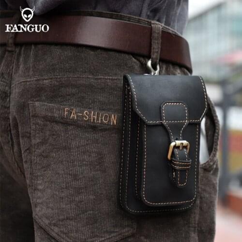 Retro Genuine Leather Small Summer Pouch With Hook Waist Pack Bag Cigarette Case 6.7'' Phone Pouch Waist Belt Bag For Short Trip