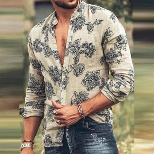 Men Casual Long Sleeve Button Top Men Clothes Spring Autumn Fashion Slim Print T-shirt Solid Color O Neck Lapel Cotton Shirts