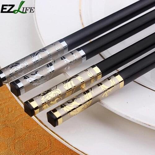 1 Pair Black Chopsticks Chinese Gold Dragon Style Chopsticks Chop Alloy Sticks Non-Slip For Gift Set Sushi O8J9 Flatware K6M0