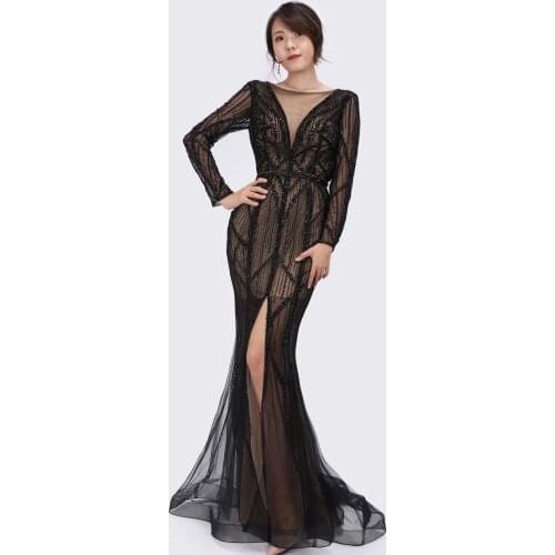 Luscious Delia Dubai V-Neck Luxury Sequined Beading Evening Dresses 2021 Mermaid Long Sleeves Gowns