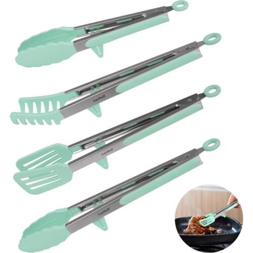 Silicone Food Serving Tong 12 / 9 inch 4pcs Salad Bread Clips Stainless Steel Kitchen clamp BBQ Cooking Tongs with stand