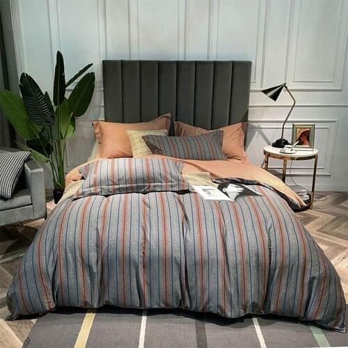 Svetanya Grey Brown Stripes Brushed Sanding Cotton Bedding Set Printed Thick Linens Fitted Sheet Pillowcase Duvet Cover