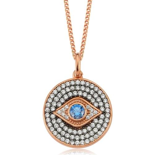 Valori Jewels Medallion Evil Eye, Zirconia White And Fancy Blue Gemstone, Rose Gold Plated, Sterling Silver Necklace