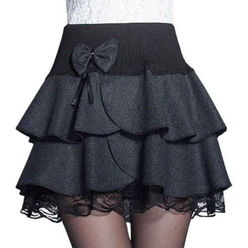 Women New Elastic High Waist Bow Woolen Skirts Lace Summer A-Line Pleated Elasticity
