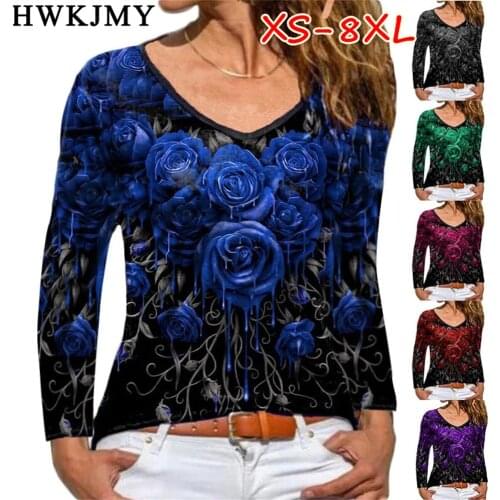 Womens Fashion Clothes Casual V-neck Long Sleeve Tops Ladies Printing Tees Loose T-shirt Plus Size 8XL Cotton Shirts