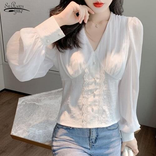2020 Autumn Lantern Sleeve V-neck Chiffon Blouse Women Sweet Women Tops and Blouses Fashion Lace-up Shirts Women Clothes 10843