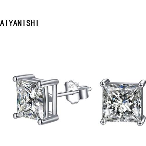 AIYANISHI Vintage 925 Sterling Silver Stud Earring Pincess Cut Solitaire Silver Stud Earrings for Women Wedding Engagement Gifts