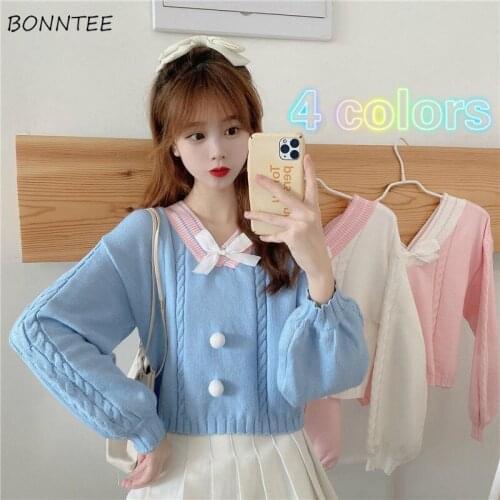 Sweaters Women Oversized Candy Colors Sweet Knitted All-match Daily Cropped Bow Lady Clothing V-Neck Pullovers Lovely Patchwork