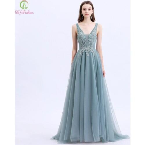 SSYFashion New Vestido De Noche Women Banquet Elegant Evening Dress V-neck Lace Appliques Beading Long Party Formal Gowns