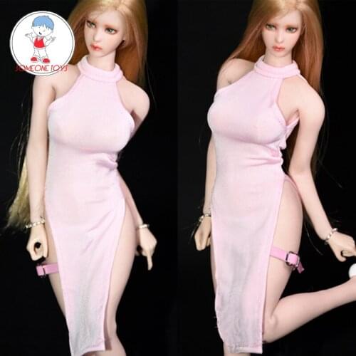 1/6 Sexy white black female High collar Sling evening dress pink Split fork dress for 12 inch TBLeague Action Figures dolls