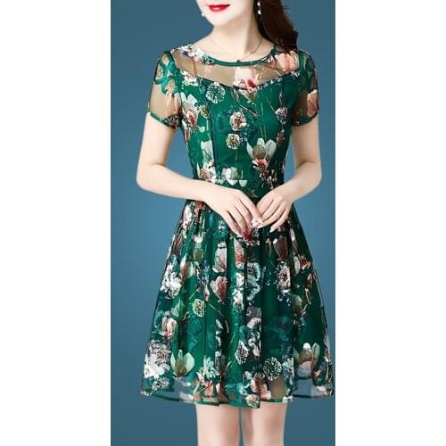 Vintage Embroidery Flowers Three Quarter Sleeve Summer Gauze O-Neck A-Line Green Fashion Party Vestidos Women Dress