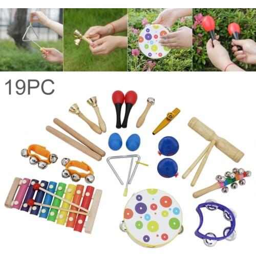 19pcs Orff Percussion Musical Instruments Set Hand Drum Knock Piano Xylophone Maracas Wrist Bells Mixed Kit for Children Baby