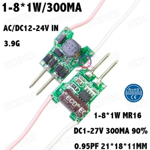 20 Pieces 8W AC/DC 12V-DC 24V LED Driver 1-8x1W 300mA DC1-27V LED Power Supply Constant Current MR16 bulb lamp Free Shipping