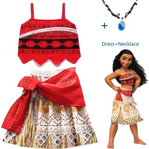 2018 Princess Moana Cosplay Costume for Children Vaiana dress Costume with Necklace for Halloween Costumes for Kids Girls Gifts