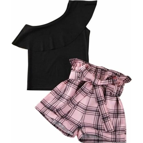 2020 Fashion Baby Girl Summer Outfit Cute Kids One Shoulder Black Ruffle Tops Plaid Shorts Outfit Clothes set 2-7Y