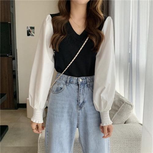 Women 2021 Spring Autumn Fashion Long-sleeved Striped Shirts Female Loose Patchwork Blouses Ladies New V-neck Shirts V992