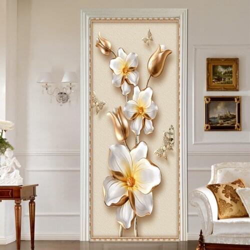European Style 3D Stereo Relief Flowers Photo Wall Mural Door Sticker Living Room Bedroom PVC Self-Adhesive Waterproof Wallpaper