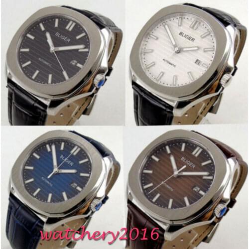 40mm BLIGER blue black dial sapphire crystal date automatic square mens watch