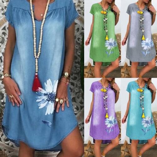 @ Women Jeans Dress Baggy Tunic Dress Casual Short Sleeve Floral Shift Dresses Mini Dress Formal Dress Women Elegant Za Dreses