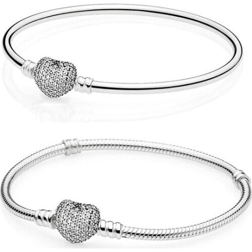 Sparkling Zircon Heart Snake Chain Base Bracelet & Bangle Fit Original European Charm Bracelet