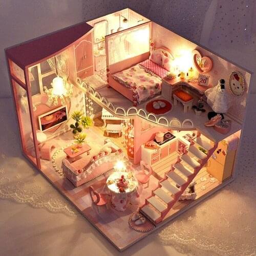 Kids Wooden Doll House Furnitures Diy 3D Garret Loft Miniaturas Assemble Dollhouse Toys for Children Birthday Gifts