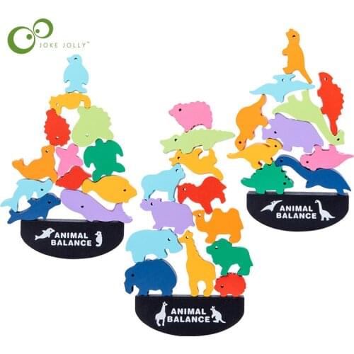 Children Montessori Wooden Animal Balance Blocks Board Games Toy Dinosaur Educational Stacking High Building Block Wood Toy Boys