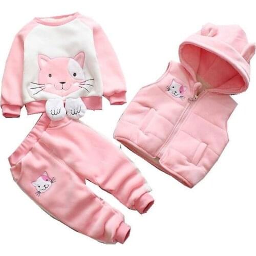 2020New Childrens Clothing Boy Girl Baby Autumn And Winter Plus Velvet Thickening Hooded Cartoon cat Three-Piece Baby Suit 0-4Y