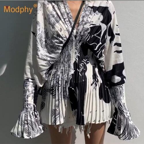 Elegant Printed Women Shirts Pleated Long Sleeve V Neck Waist pleated Shirt Ladies Tops Fashion Female 2020 Autumn New