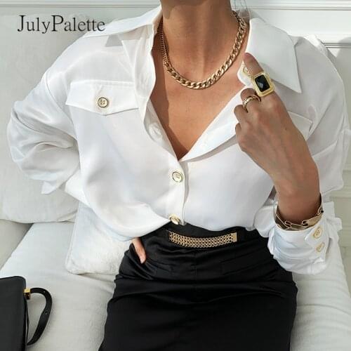 JulyPalette OL Style Turn-down Collar Women Blouse Shirts Spring Summer Female Blouse Tops White Ladies Work blusas Femme 2021