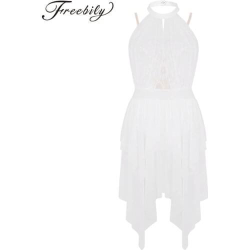 Women Adults Halter Adjustable Straps Lace Asymmetrical Gymnastics Leotard Ballet Figure Skating Dress Lyrical Dance Costumes