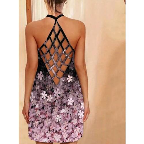 Summer Womens Floral Dress Backless Sexy Spaghetti Strap Short Dress Sleeveless Vestidos Party Casual Sundress
