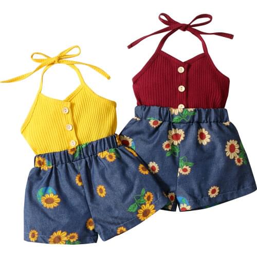 Summer Newborn Baby Romper Sunflower Print Sling Short Jumpsuit Denim Stitching Sweet Baby Girls Halter Rompers 0-18 Months