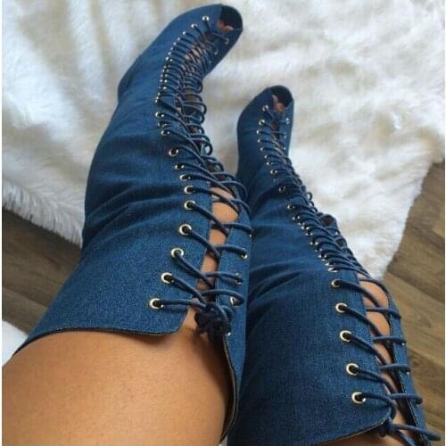 Hot Selling Sexy Open-toe Thigh High Boots Designer Blue Denim Boots Lace-up High Heel Boots Over The Knee High Heel Boots