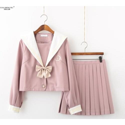 Japanese School Uniform Students Sailor Clothes for Girls Women Anime Cosplay Long Sleeve Pleated Skirt Set Deep Pink JK Uniform