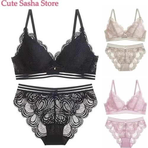 Fashion Ladies Thin Solid Color Lace Bow Deep V No Steel Ring Bra + Briefs Set