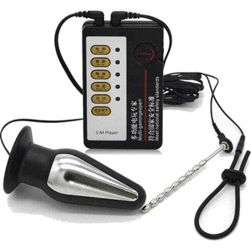 Male Electric Shock Urethral Catheter Sounds Penis Plug With Large Anal Plug Electro Stretcher Dilator E-Stim Cock Ring Sex Toys