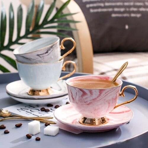Marbled Phnom Penh Ceramic Coffee Cup and Saucer Set with Spoon, Handle, and Tray Afternoon Flower Tea Set