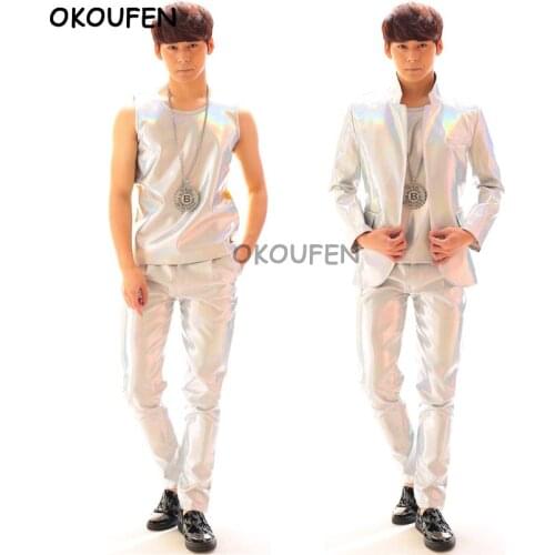 Night Club Male Singer Laser Jacket Star Leather Pants Set Locomotive Punk Suit set Stage show party Performance wear