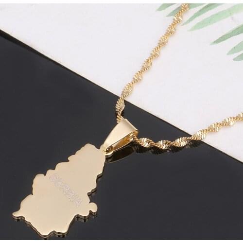 Stainless Steel Serbia Map Pendant Necklaces for Women Girls Gold Color Serbian Charm Jewelry Gifts