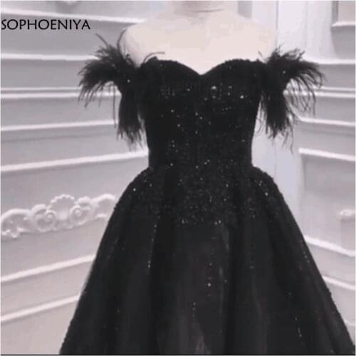 New Arrival A-Line Black Muslim evening dress 2021 Feather Beading Formal dress Party evening gowns Abendkleider long dress