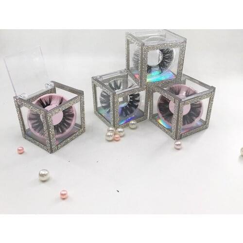 New Design Glitter Rhinestone Cube box Fluffy 25mm 3D Mink Lashes Custom Private Logo Lash Boxes