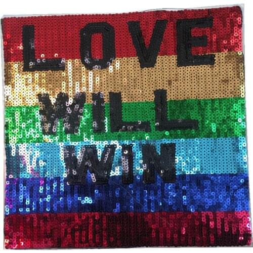 Square LOVE WILL WIN Beading Sequined Patch Big Motif Applique Letter Iron on Patches for Clothing Accessories Sequined Stickers