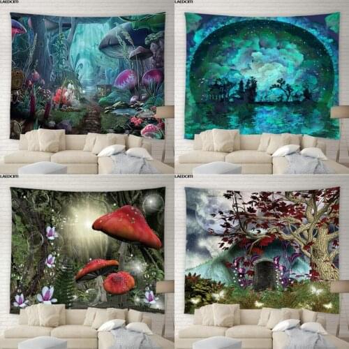 Psychedelic Universe Mushroom Tapestry Hippie Fairy Tale Starry Sky Forest Background Wall Hanging Cloth Dorm Bedroom Home Decor