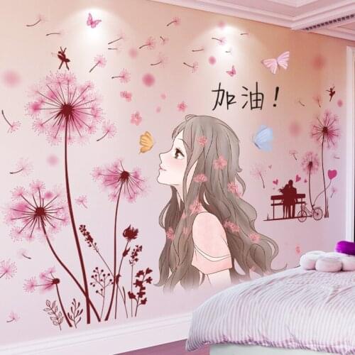 [shijuekongjian] Dandelions Flowers Plants Wall Stickers DIY Cartoon Girl Wall Decals for Living Room Kids Bedroom Decoration