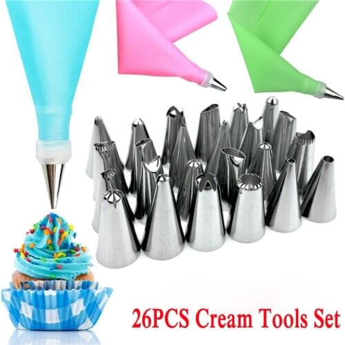 26 PCS/Set Silicone Pastry Bag Tips Kitchen DIY Icing Piping Cream Reusable Pastry Bags +24 Nozzle Set Cake Decorating Tools