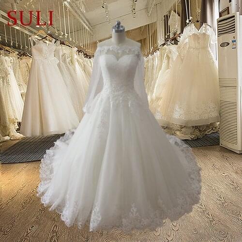 AL13 Lace Bridal Gowns Long Boat Neck Full Sleeve Wedding Dresses Real