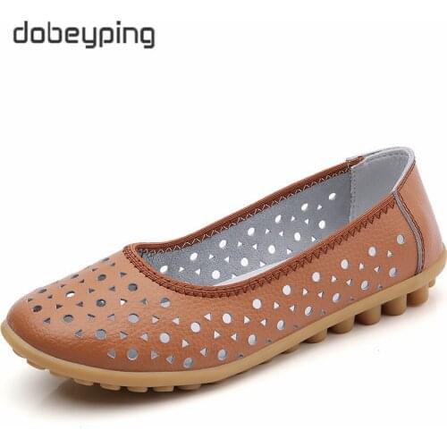 Dobeyping Breathable Women Summer Flats Genuine Leather Woman Shoes Slip On Cut Outs Womens Loafers Mother Walking Peas Shoe
